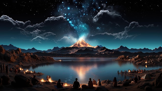 une montagne avec une étoile dans le ciel et des gens assis sur le rivage d'un lac