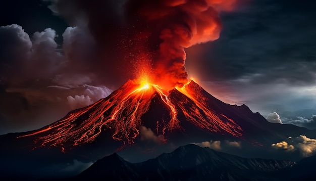 Photo une montagne en feu éclate, de la fumée et des flammes peignent un coucher de soleil en feu généré par l'intelligence artificielle.