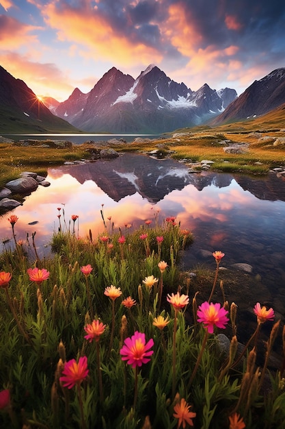 montagne et fleur sur prairie AI générative