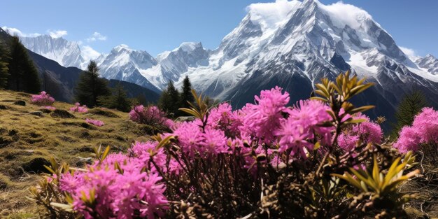 Photo une montagne avec des fleurs roses