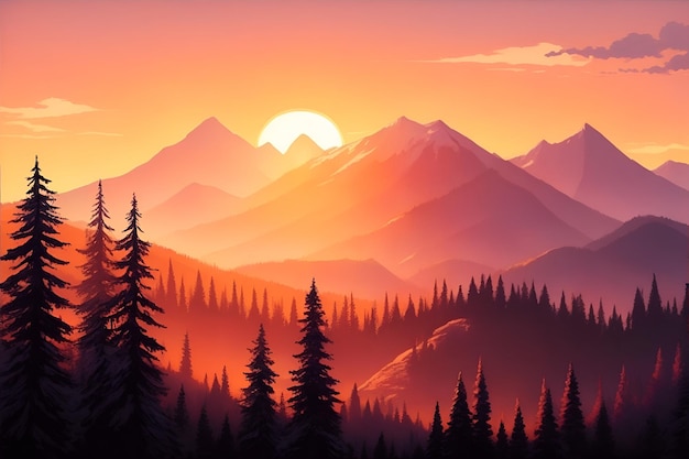 Montagne et forêt au coucher du soleil