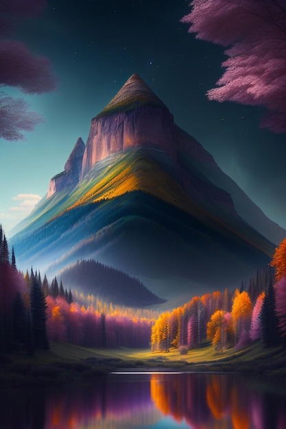 Une montagne avec une forêt colorée et un ciel bleu