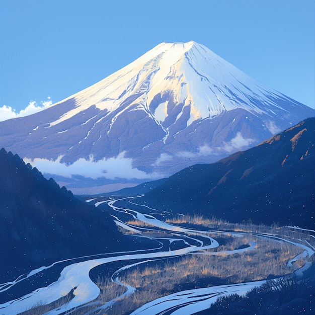 Photo la montagne fuji ornée d'une couronne enneigée capturée dans la splendeur panoramique pour les médias sociaux