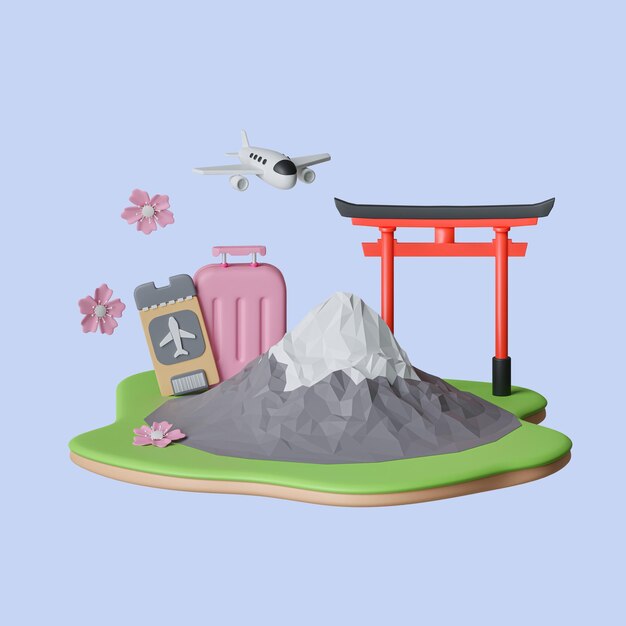 Montagne Fuji et repère japonais Nightingale sur une branche de fond de cerises en fleurs sac à dos pour voyage au japon illustration de rendu 3d