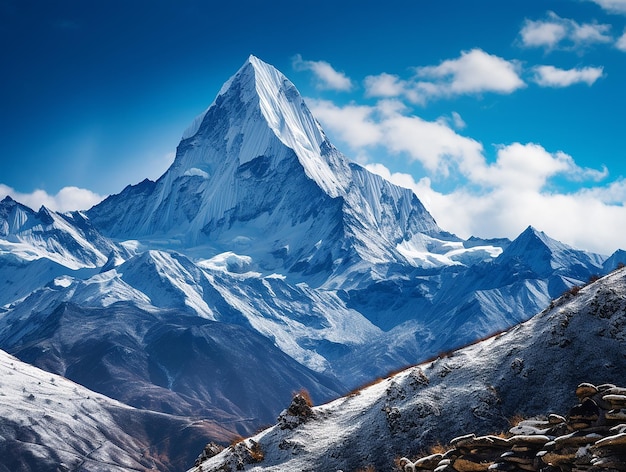 Photo montagne de l'himalaya dans la neige par une journée ensoleillée