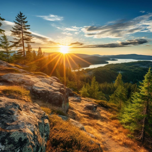 une montagne avec un lac en arrière-plan et le soleil brillant à travers les arbres