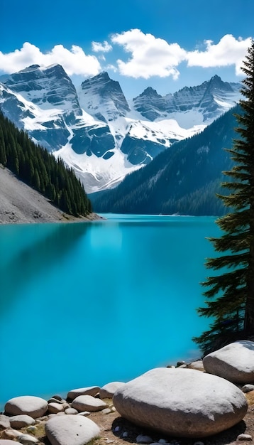 Photo une montagne avec un lac bleu en arrière-plan