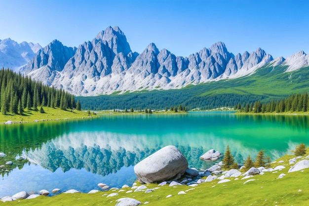 une montagne avec un lac Carezza