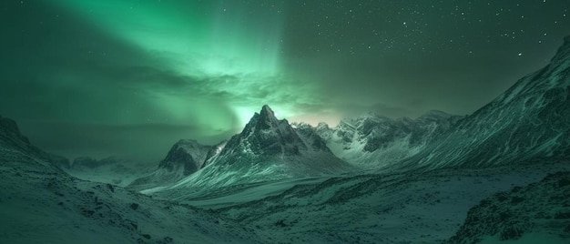 une montagne avec une lumière verte dans le ciel