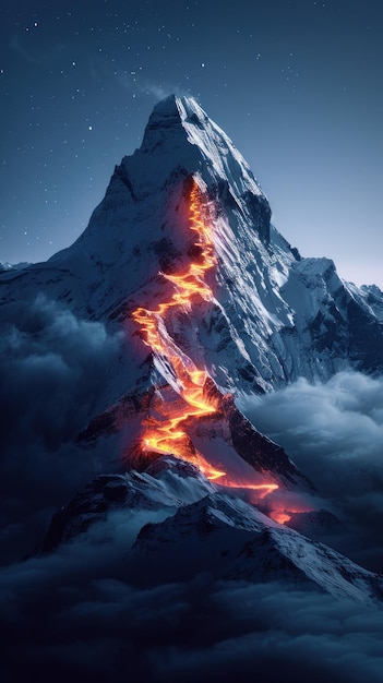 Une montagne lumineuse avec un sentier de feu