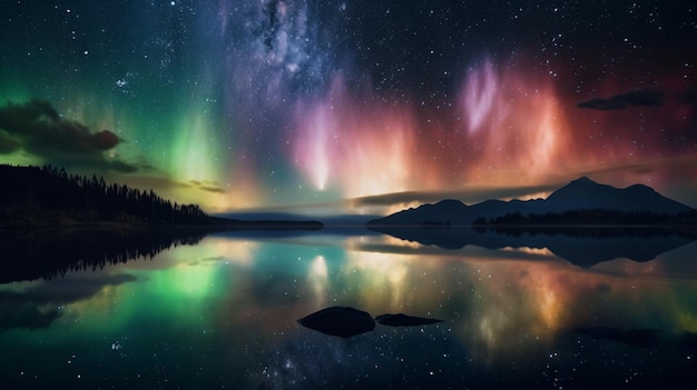 La montagne majestueuse et les aurores boréales se reflètent dans les eaux sereines créant un ciel nocturne coloré et spectaculaire