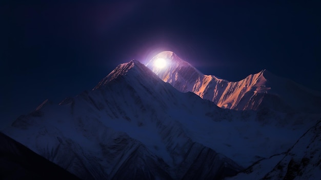Une montagne majestueuse est éclairée par une lumière brillante qui brille du haut.