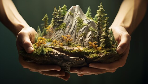 Photo une montagne en miniature légèrement embrassée avec les deux mains complète avec des détails élevés ruisseaux et arbre