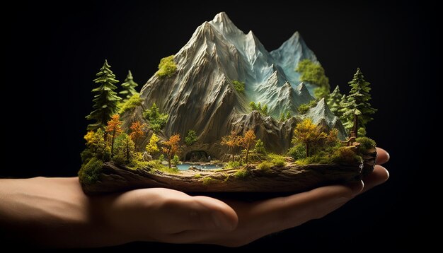 Une montagne en miniature légèrement embrassée avec les deux mains complète avec des détails élevés ruisseaux et arbre