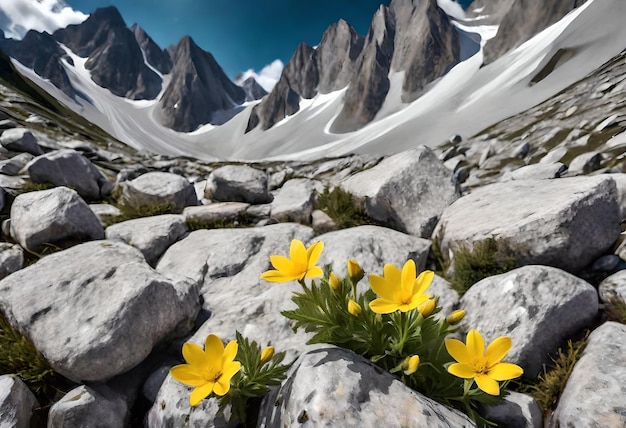 Photo une montagne avec une montagne en arrière-plan et des fleurs jaunes