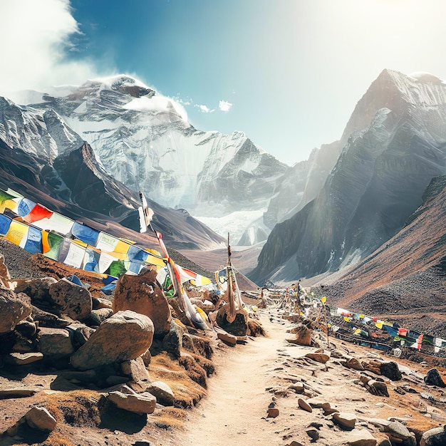 Une montagne avec une montagne et des drapeaux dessus