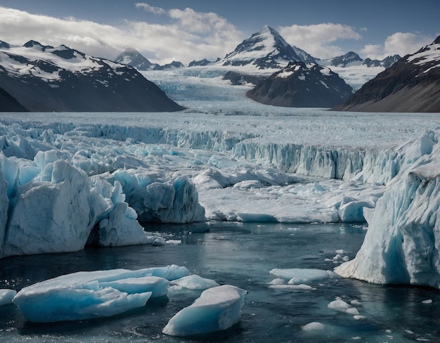 une montagne avec de la neige dessus et de la glace dans l'eau