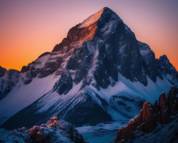 Une montagne avec de la neige dessus et le soleil se couchant derrière