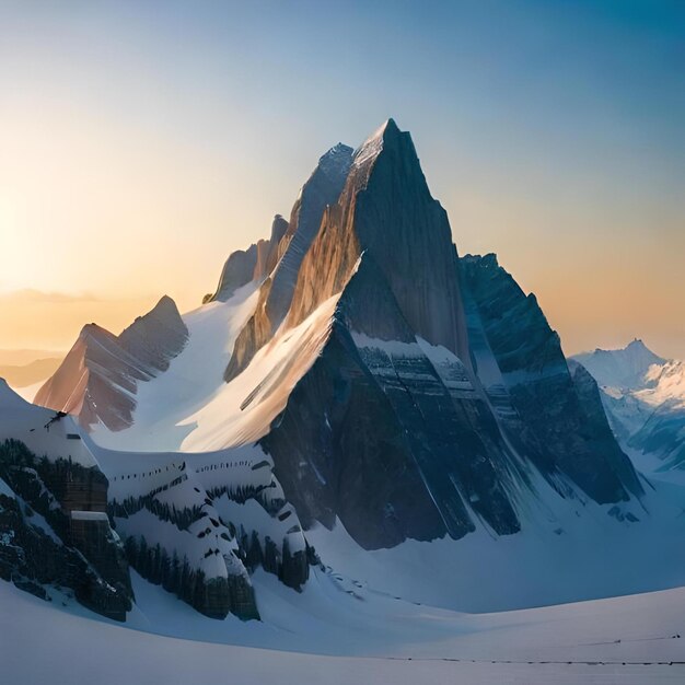 Photo une montagne avec de la neige dessus et le soleil se couche.