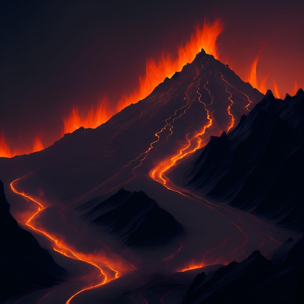 Une montagne noire avec une montagne au milieu et un fond sombre avec les mots feu dessus.