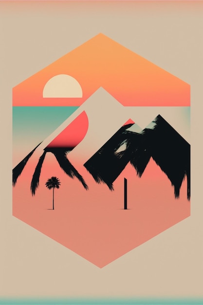 Montagne avec des palmiers et un coucher de soleil en arrière-plan ai génératif