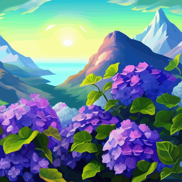 Montagne paysage de printemps montagnes avec des pics enneigés buissons de fleurs lilas dessin animé plat springlnature verte prairie