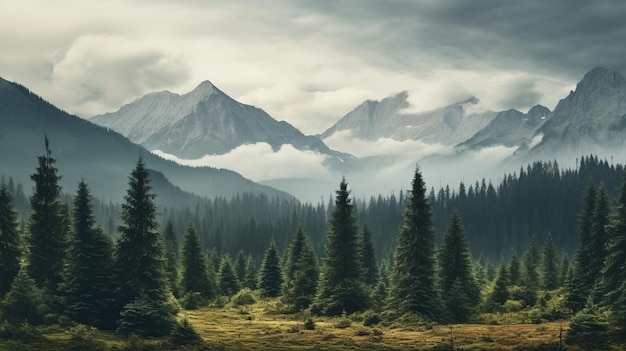 Une montagne avec des pins, une forêt avec un ciel bleu.