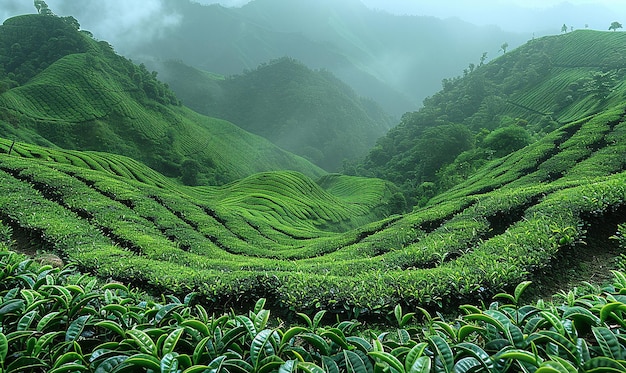 une montagne de plantes de thé vert avec une montagne en arrière-plan