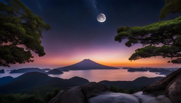 une montagne avec une pleine lune en arrière-plan