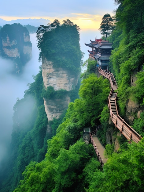 Photo une montagne avec un pont et une montagne avec une passerelle en bois