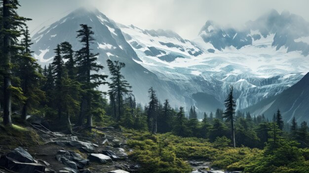 Une montagne post-apocalyptique avec des arbres et un glacier