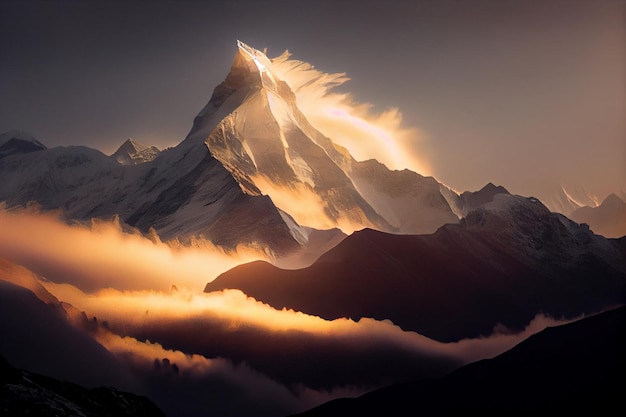 Montagne qui a quelques nuages devant elle générative ai