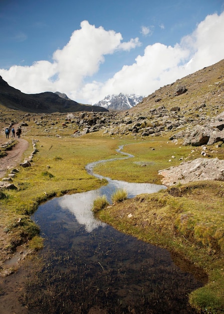 une montagne avec un ruisseau qui la traverse et une montagne en arrière-plan ausangate pérou