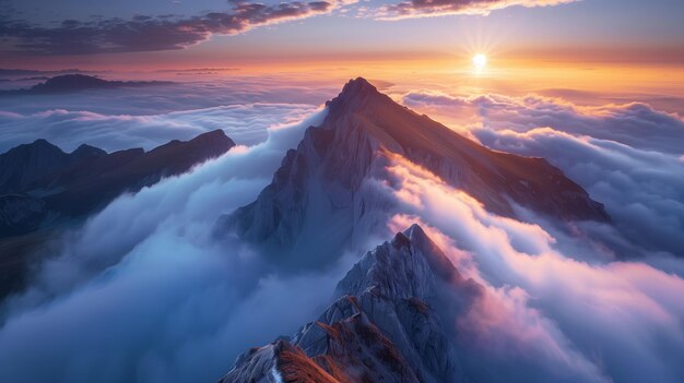 La montagne s'élève au-dessus des nuages au lever ou au coucher du soleil.