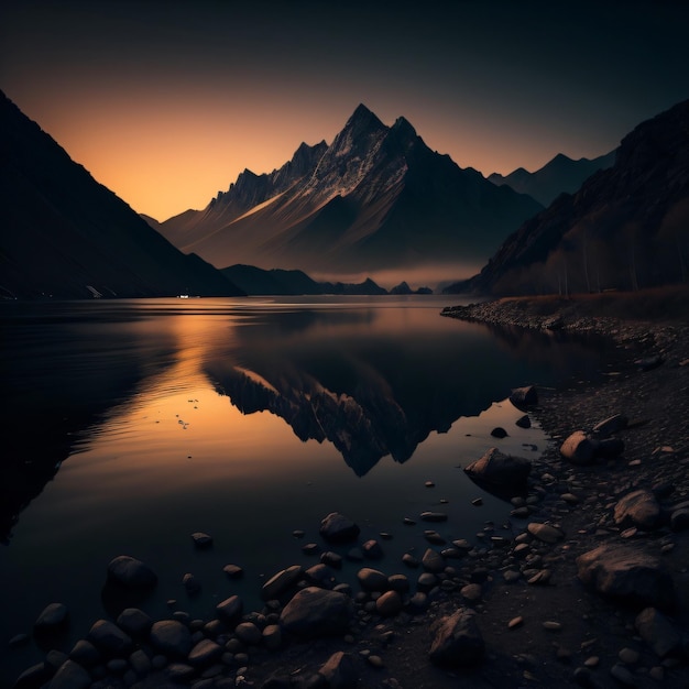 Une montagne se reflète dans l'eau avec le soleil couchant derrière elle.