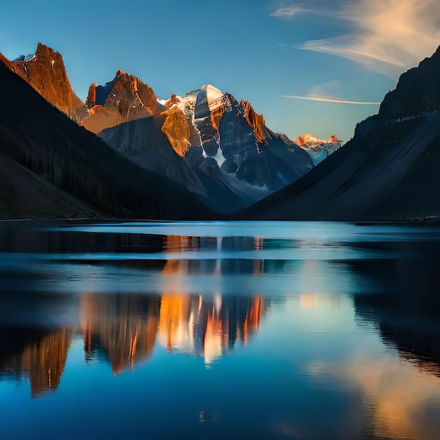 Une montagne se reflète dans un lac avec le soleil se couchant sur la montagne.