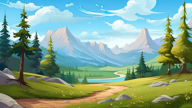 montagne avec des sentiers de randonnée sinueux illustration de dessin animé 2d ai générative