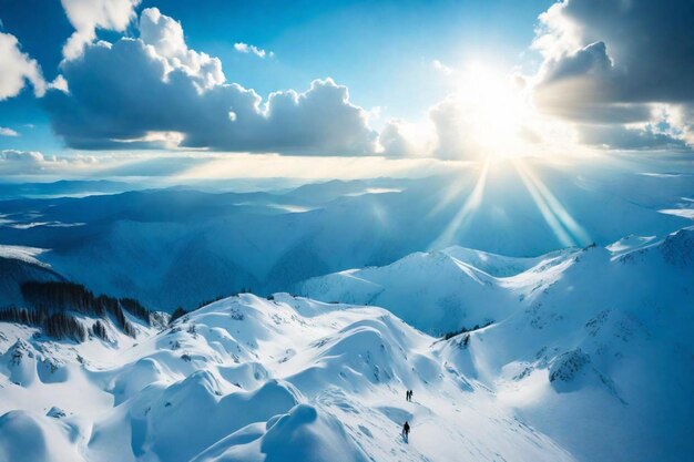 une montagne avec le soleil qui brille à travers les nuages