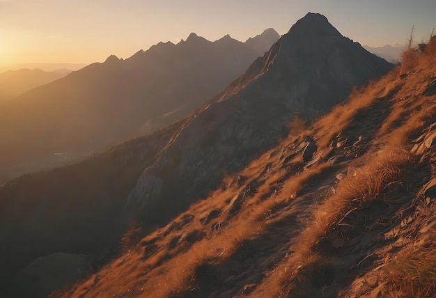 une montagne avec le soleil qui se couche derrière elle