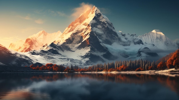 Photo une montagne avec un sommet enneigé reflété dans un lac