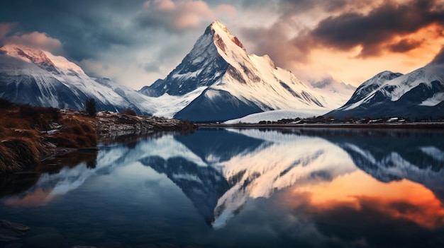 Une montagne avec un sommet enneigé reflété dans un lac