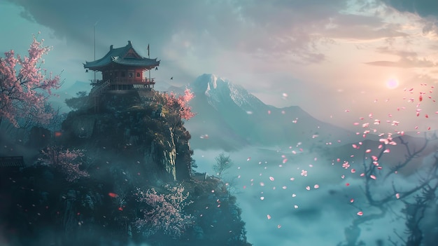 une montagne avec un toit rouge et une pagode dessus