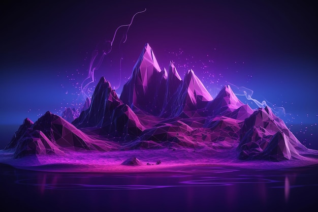 Une montagne violette avec un ciel violet et un éclair au-dessus.