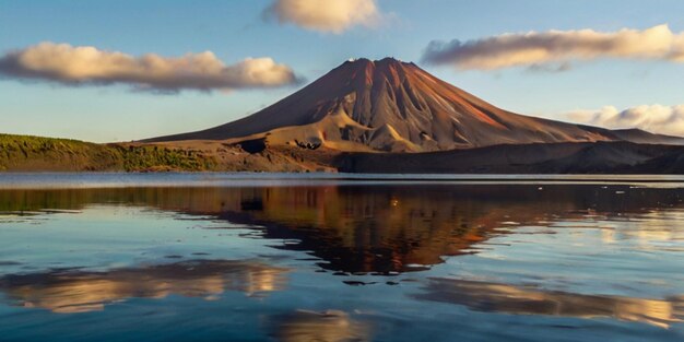 Une montagne volcanique dans la lumière du matin reflétée dans les eaux calmes du lac