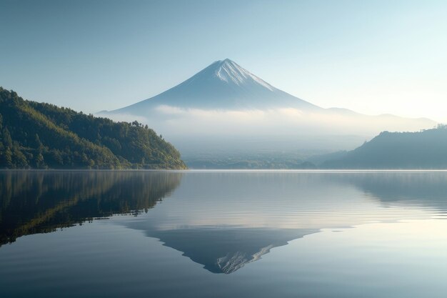 Photo la montagne volcanique dans la lumière du matin se reflète dans les eaux calmes du lac