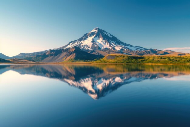 Photo la montagne volcanique dans la lumière du matin se reflète dans les eaux calmes du lac