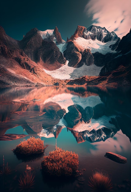 Montagne volcanique dans la lumière du soir reflétée dans les eaux calmes du lac