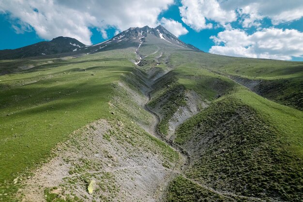 Montagne volcanique enneigée au printemps