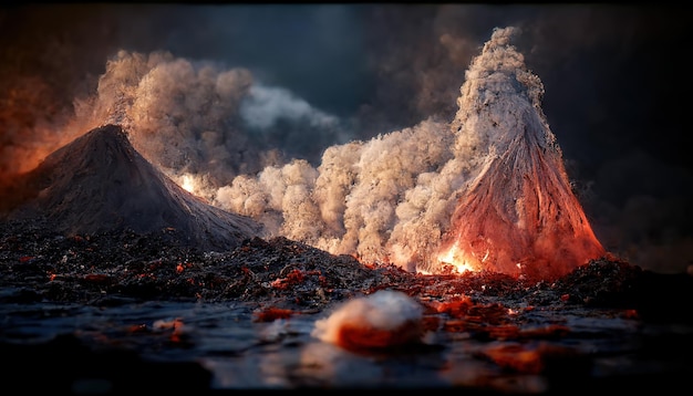 Montagne volcanique en éruption rendu 3D