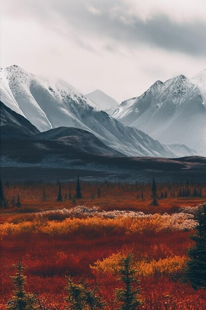 Montagnes de l'alaska paysage nature fond en automne saison d'automne bannière de pics de neige générée par ai